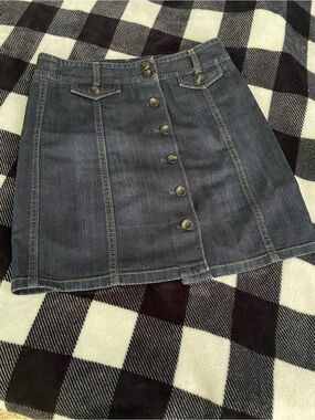 Ann Taylor Denim Button-Up Mini Skirt dark wash indigo finish Size 0P